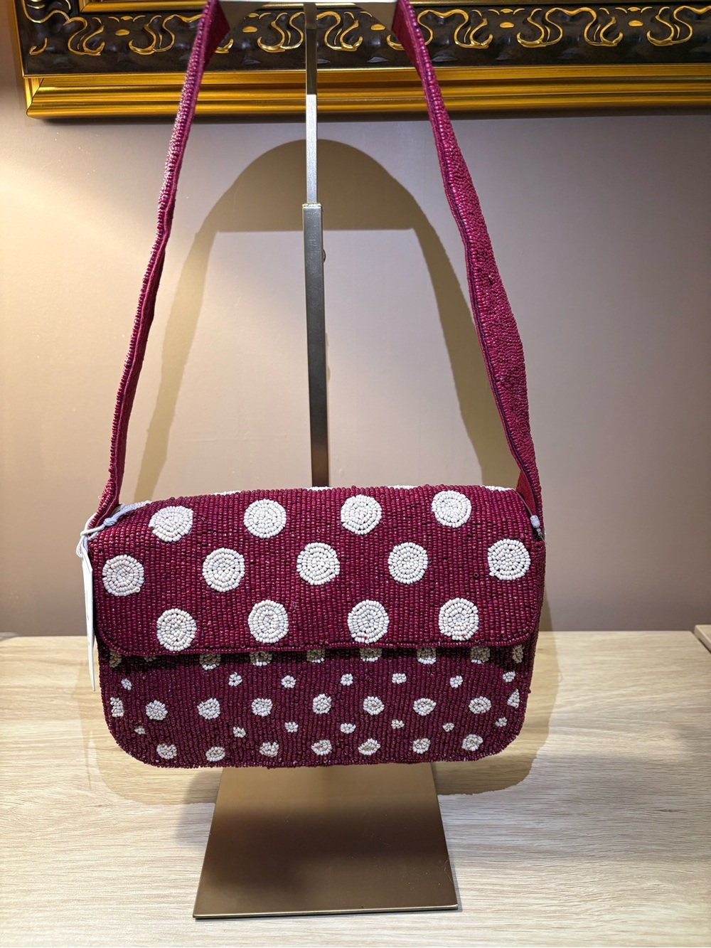 NWT. New release for fall! Women’s Beaded Polka Dot Shoulder Bag in Burgundy